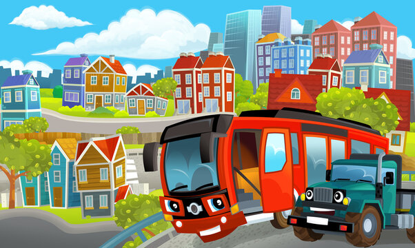 cartoon happy and funny scene of the middle of a city with cars driving by - illustration