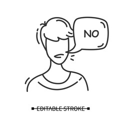 Customer negative feedback icon. Client head with negative comment speech bubble. Marketing service and customer feedback management, negative experience user illustration. Editable stroke line vector