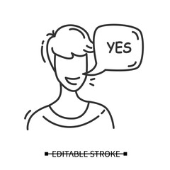 Customer positive feedback icon. Client head with positive answer speech bubble pictogram. Marketing and customer feedback management, positive experience illustration. Editable stroke line vector