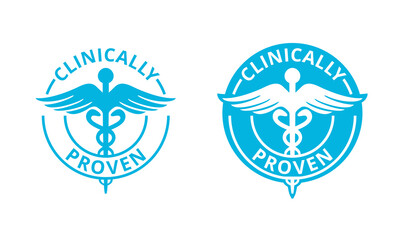 Clinically proven marking or sticker with caduceus symbol - pharmaceutical medical tested product - vector icon