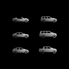 Vector cars on black background - set of vector automobiles with different car body - sedan, offroad, roadster, pickup, universal, hatchback - icons collection