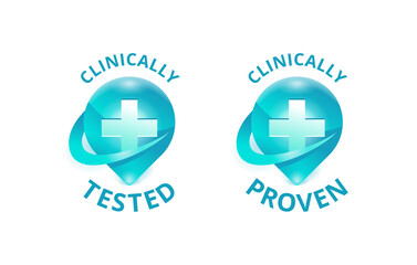 Clinically proven and clinically tested stamp for laboratory tested products - vector emblem with medical cross in 2 variations