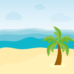 Fototapeta na wymiar Tropical background with sea, sand and palm. Sea or ocean view from the beach. An island in the ocean with a palm tree. Flat style vector illustration.