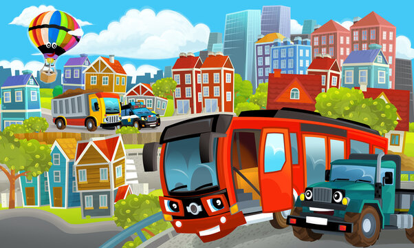 cartoon happy and funny scene of the middle of a city with cars driving by - illustration