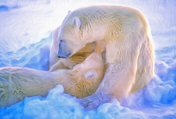 Polar bear nursing cubs computer art © outdoorsman