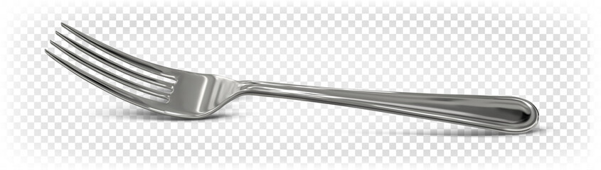 The food fork lies on the surface. Cutlery. Tableware. Vector 3d realistic chrome fork isolated on transparent background.