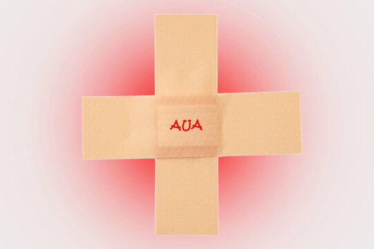 german message word - AUA - OUCH. band-aid cross with Pain circle red. medical elastic patch. bandaid stripe on white background. adhesive bandage, medical plaster text. circles target spot symbol