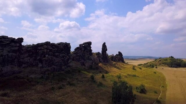 Aerial Germany Devils Wall in Harz Mountains, teufelsmauer. Autumn sunny day.