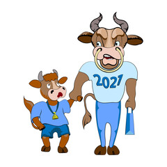 The bull father, the symbol of 2021 goes with his son a calf. Chinese horoscope. Cartoon sports body Bull in a t-shirt and pants with a bag talking on a cell phone, Character, vector illustration.