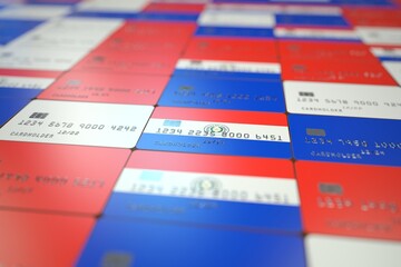 Flag of Paraguay on plastic bank cards. National banking related 3D rendering