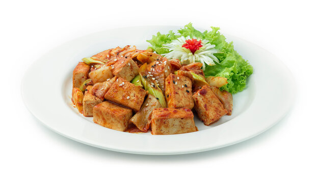 Stir Fried Tofu with Kimchi and Leek Korean Food Style
