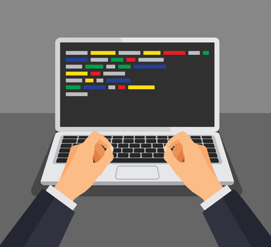Programmer working writing code. Man typing on the keyboard with code on the screen. Web developer, design, programming. Coding concept. Isolated vector illustration.