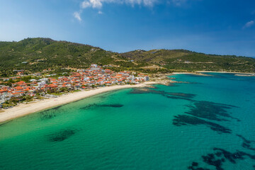 Fototapeta na wymiar Aerial view of Sarti on the Sithonia peninsula, in the Chalkidiki , Greece
