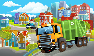 cartoon happy and funny scene of the middle of a city with dumper truck and with cars driving by - illustration