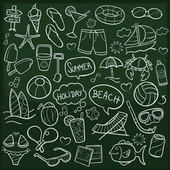 Blackboard Beach Day Doodle Icons Hand Made vector.