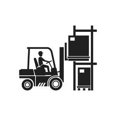 Forklift warehouse icon - freight packaging loader silhouette with driver - monochrome vector truck sign