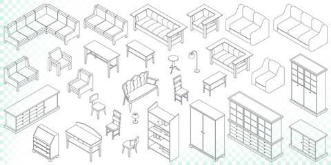 Set of Home furniture , living room, bedroom, interior constructor. Graphic isometric design elements on isolated transparent background. Flat 3d  vector design template.