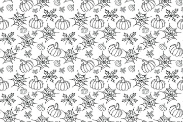 Seamless pattern of pumpkins, webs and leaves in doodle style. Halloween party symbols. Can be used for scrapbook digital paper, textile print, wallpaper. Vector hand drawn illustration.
