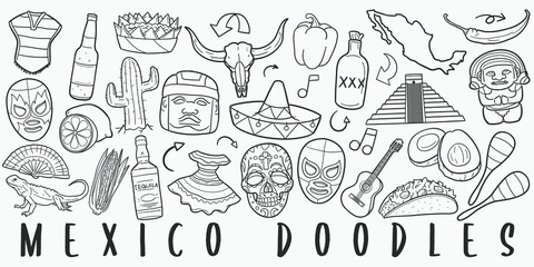 Mexico Doodle Line Art Illustration. Hand Drawn Vector Clip Art. Banner Set Logos.