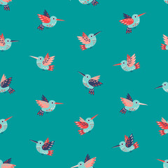 Cute hummingbirds seamless vector pattern on teal background. Flying birds, hummingbirds, colibri on turquoise backdrop.