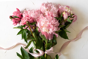 Peonies Flat lay. Beautiful peony flower for any holiday.
