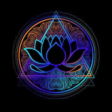Lotus, Sacred Geometry. Ayurveda symbol, harmony, balance, universe. Tattoo flesh design, yoga logo. Boho print, poster, t-shirt textile. Anti stress book. Isolated vector illustration