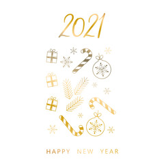 Happy New 2021 Year. Holiday vector illustration. Golden metallic design. 2021 new year background