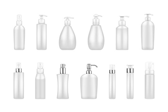 Set Of White Pump Bottle Mockups: Serum, Moisturizer, Soap, Cream, Sanitizer. Plastic Package Design With Silver Elements. Cosmetic, Hygiene Template. Set Of Isolated 3d Realistic Vector Illustrations