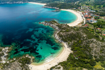 Fototapeta na wymiar Aerial view of Kalamitsi beach on the Sithonia peninsula, in the Chalkidiki , Greece