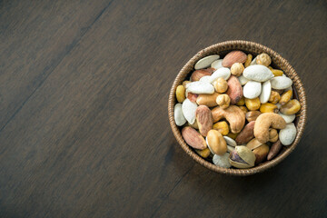 Mixed nuts and kernels snack, roasted and salty