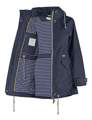 Women's warm parka jacket with stripes.  Isolated image on a white background. Unbuttoned. © Art14