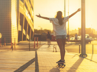 Obraz premium Girl on a skateboard lit by the rays of the setting sun, with arms raised high, her back to the camera. Selective focus.