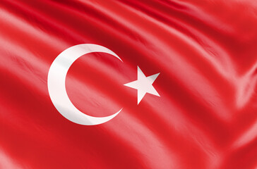 Banner. 3d illustration. Realistic flag. Turkey flag blowing in the wind. Background silk texture.