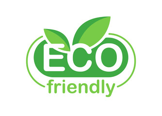 Eco-friendly badge (sticker) for healthy or natural food products, cosmetics or technology packaging marking - abstract green eco emblem with plant leaves 