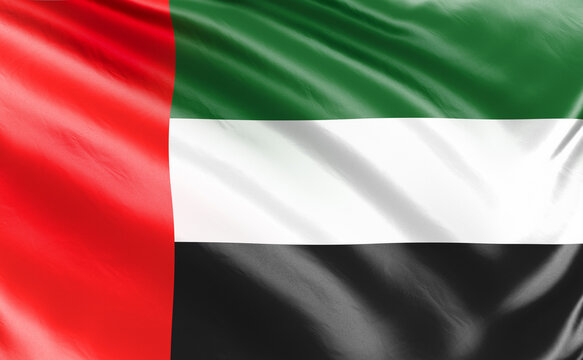 Banner. Realistic flag. United Arab Emirates flag blowing in the wind. Background silk texture. 3d illustration.