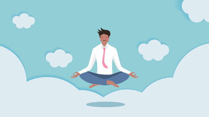 relax color concept, cute businessman character are meditate and floating on cloud background, soft pastel color, pink/rosy cheek, vector illustration for graphic design,website or business banner