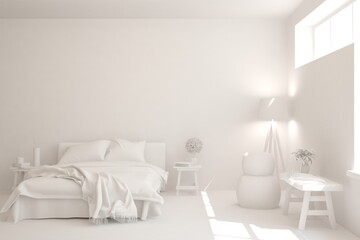 Modern bedroom in white color. Scandinavian interior design. 3D illustration