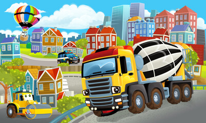Obraz na płótnie Canvas cartoon happy and funny scene of the middle of a city with concrete mixer and with cars driving by - illustration