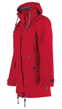 Women's red parka jacket with hood.  Isolated image on a white background.
