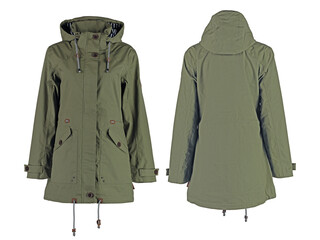 Women's winter parka jacket in military style.  Isolated image on a white background.  Front and back view. © Art14