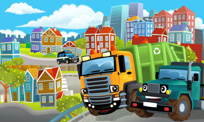 Obraz na płótnie Canvas cartoon happy and funny scene of the middle of a city with dumper truck and with cars driving by - illustration