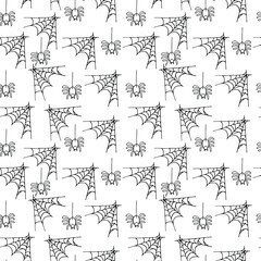 Seamless pattern of spiders and webs in doodle style. Horror creatures. Halloween party symbols. Can be used for scrapbook digital paper, textile print, wallpaper. Vector hand drawn illustration.