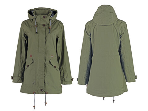 Women's winter parka jacket in military style.  Isolated image on a white background.  Front and back view.