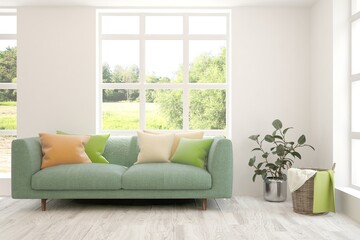 White living room with sofa and summer landscape in window. Scandinavian interior design. 3D illustration