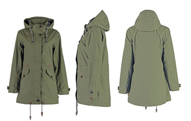 Women's winter parka jacket in military style.  Isolated image on a white background.  Front, side...