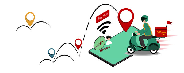 fast delivery by scooter on mobile. E-commerce, food online order. Digital technology smartphone payment online shopping. Transportation Logistic by motorcycle service.