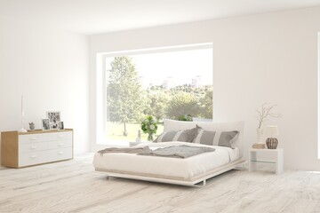 Stylish bedroom in white color with summer landscape in window. Scandinavian interior design. 3D illustration