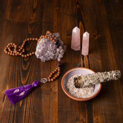 Burning sage bundle and pink crystal