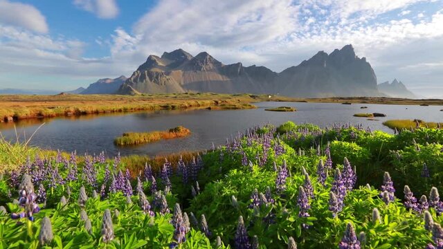 Fantastic morning scene of Stokksnes cape with Vestrahorn (Batman Mountain) on background. Colorful summer scene of Iceland with field of blooming lupine flowers. Full HD video (High Definition).