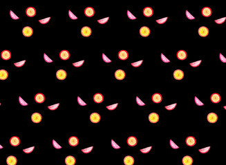 Fototapeta na wymiar Seamless pattern with hand drawn watercolor elements, colorful slices of citrus fruits isolated on black background.
